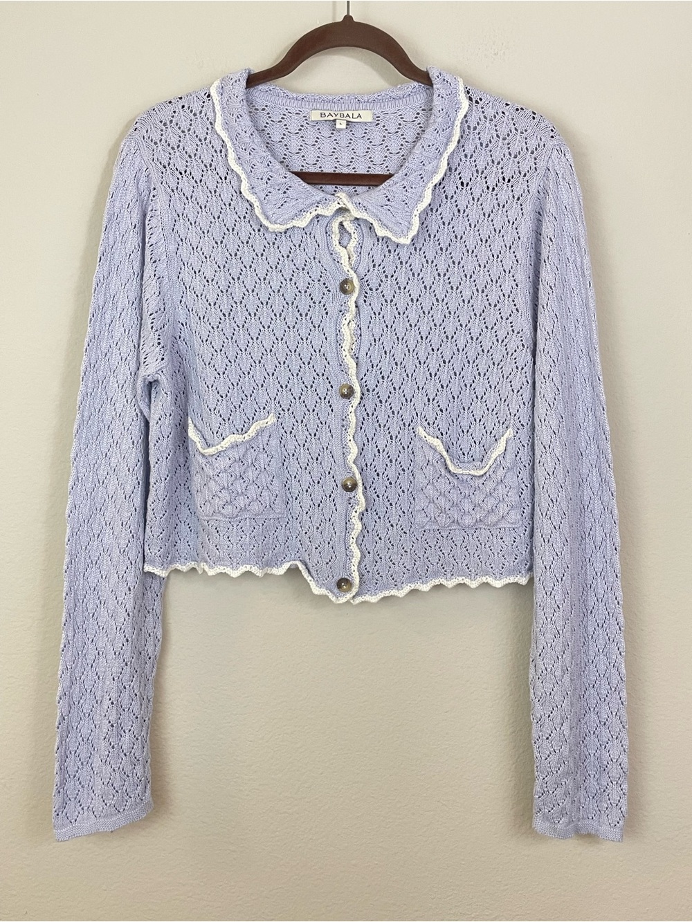 Baybala Lavender Crochet Collared Cropped Cardigan with Contrast Trim Size Large